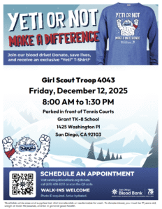 Flyer for blood drive 12/12 from 8-1:30 in Pioneer Park near the tennis courts. All donors earn a Yeti or Not long sleeved tee as a thank you. 