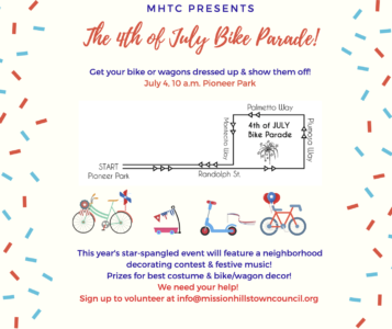 Bike Parade Flyer map of the bike parade route, which starts and ends at Pioneer Park and travels from Randolph street to Plumosa to Palmetto to Montecito and back to Randalph.